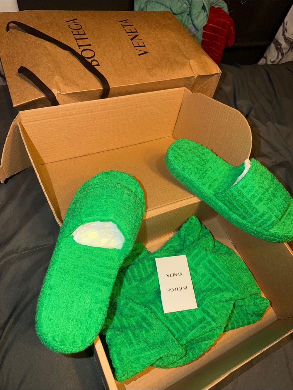 Bottega Veneta Men’s Bright Green Terrycloth Slippers
